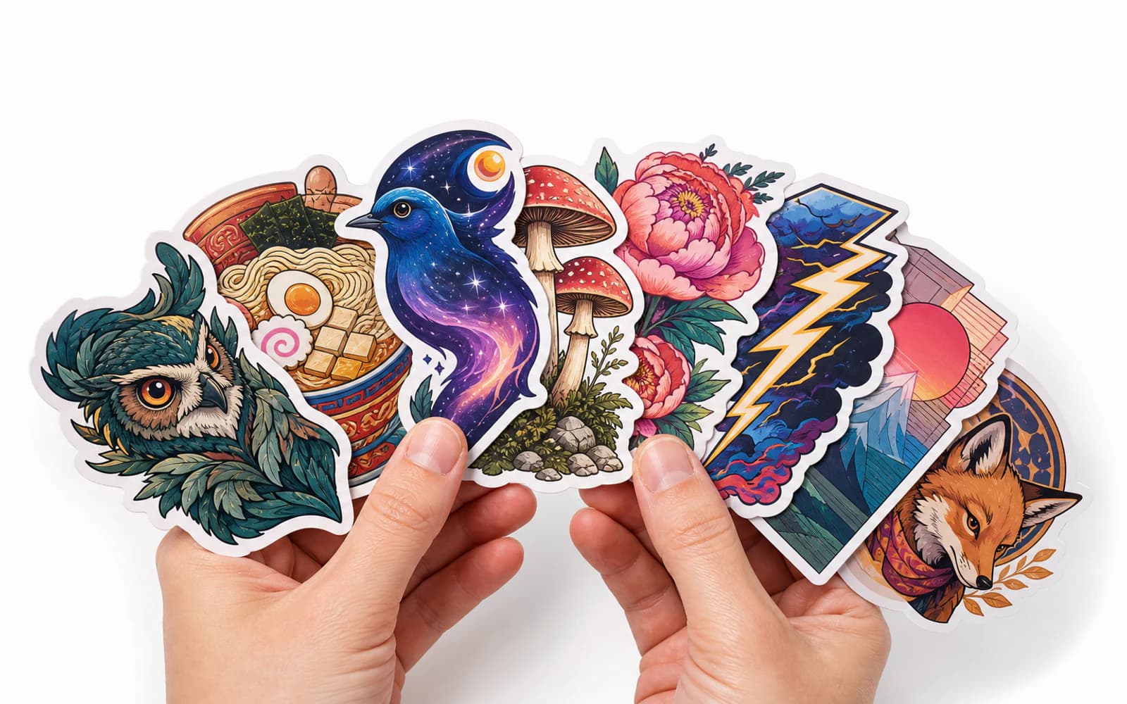 Hands holding a fan of original colorful vinyl stickers