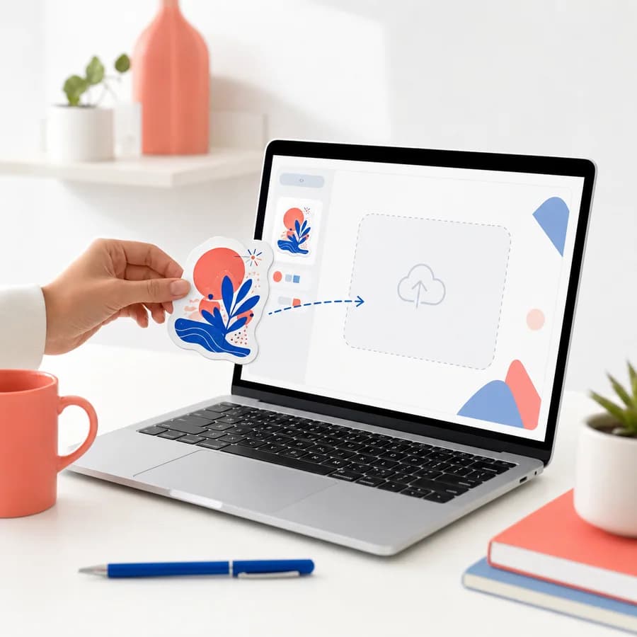 Hand bringing an original sticker illustration toward an artwork upload interface on a laptop