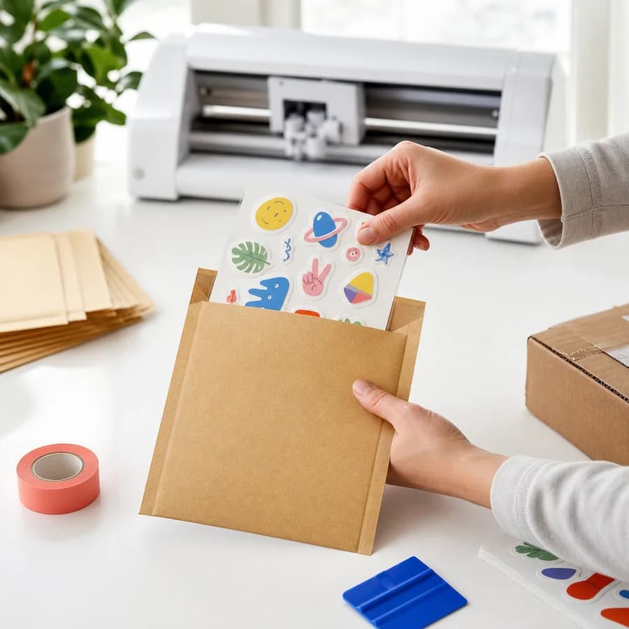 Hands packing a finished sheet of colorful original stickers into a kraft mailer