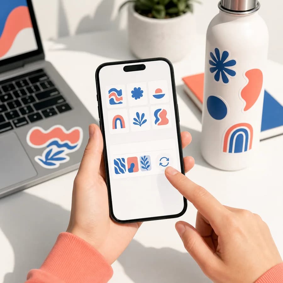 Customer returning to a saved sticker design gallery on a phone beside decorated everyday gear