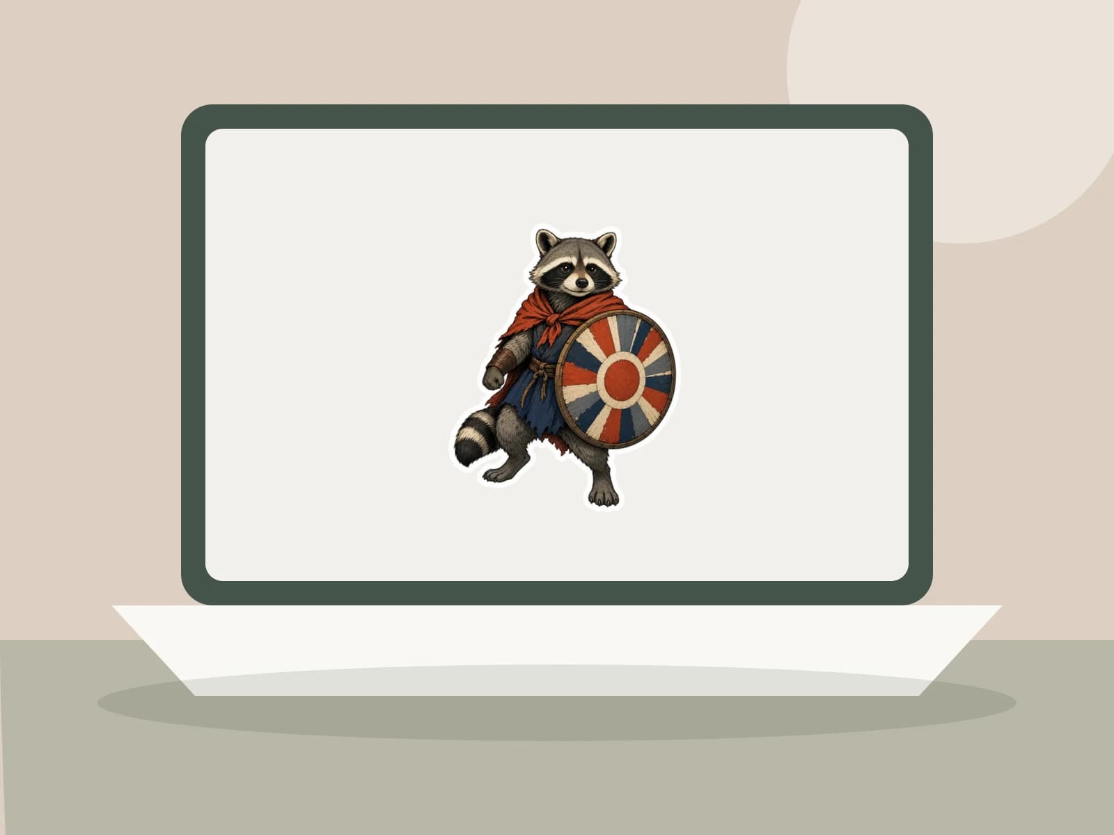 Patchwork Shield Raccoon original vinyl sticker shown on a laptop