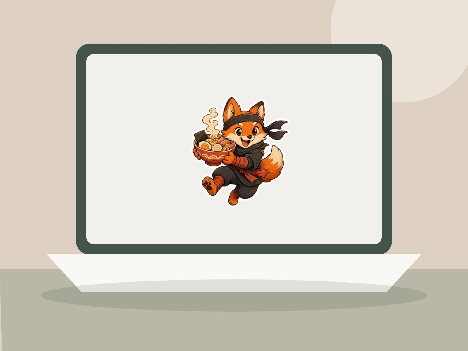 Ramen Fox Ninja original vinyl sticker shown on a laptop
