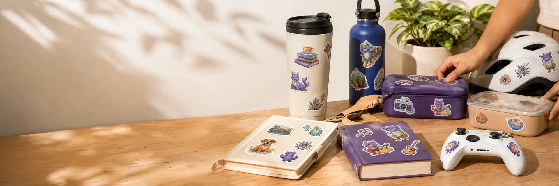 Real-life desk, bottle, journal, and travel surfaces decorated with lifestyle stickers