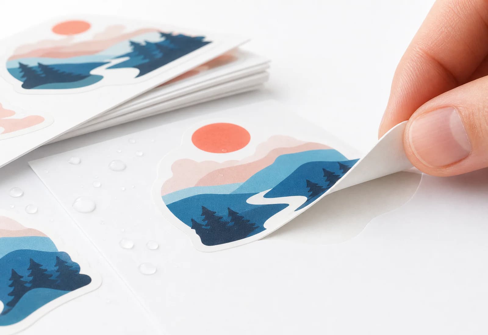 Close-up of a hand peeling a matte vinyl landscape sticker from its backing