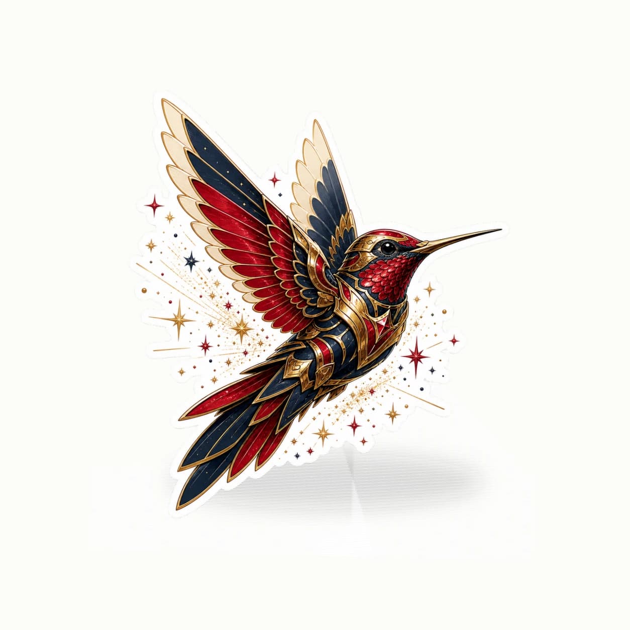 Original red and gold armored cosmic hummingbird hero vinyl sticker