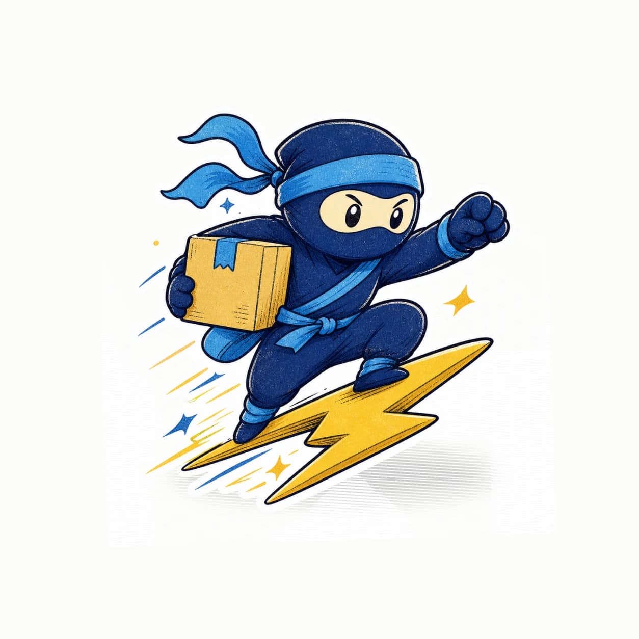 Original blue masked ninja courier riding a yellow lightning bolt sticker