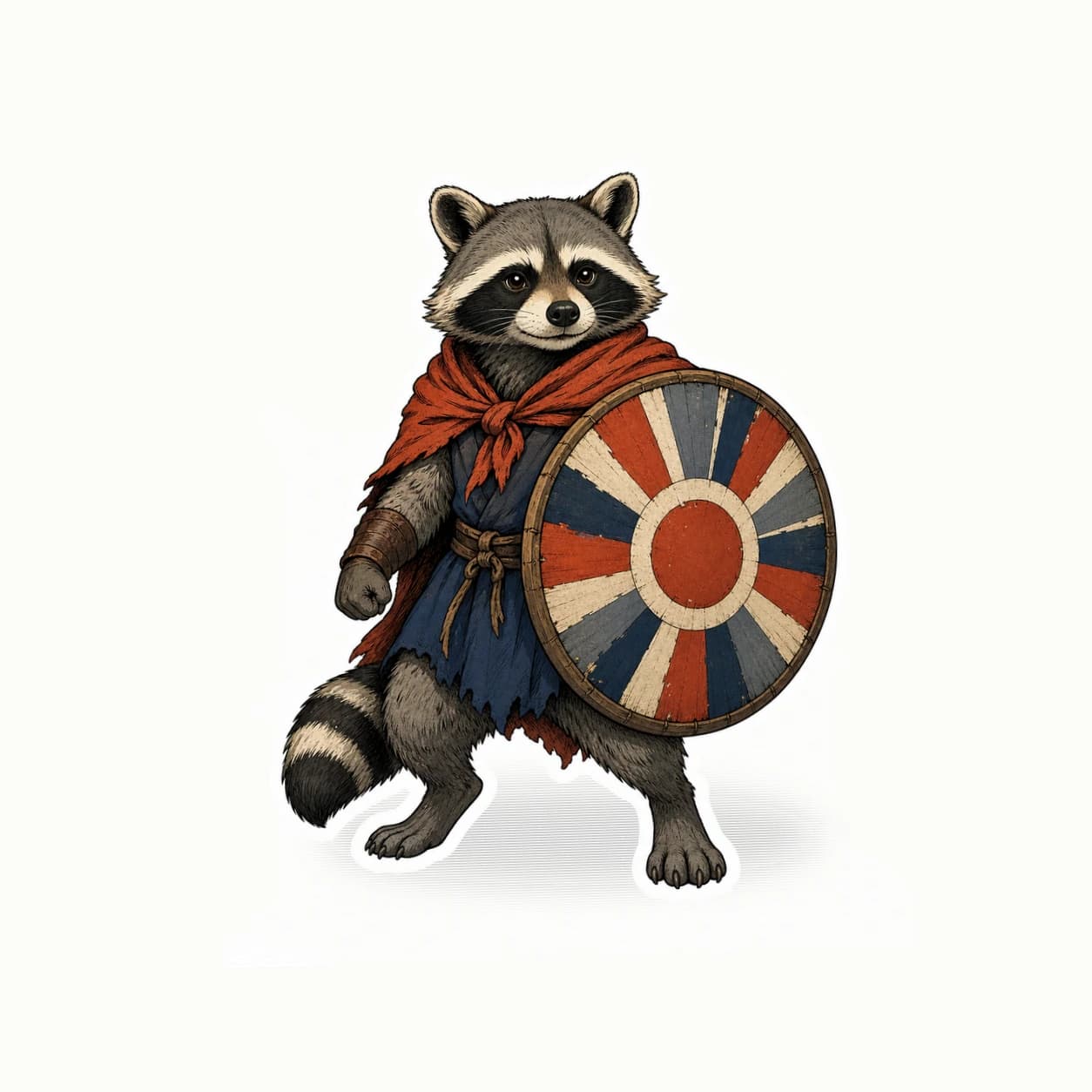 Original raccoon guardian carrying a red blue and cream patchwork shield sticker