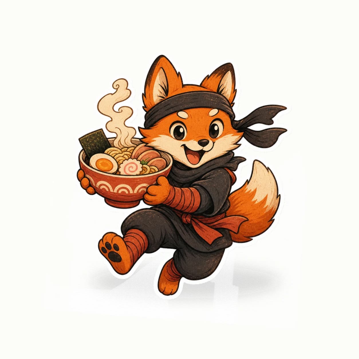 Original orange fox ninja holding a steaming ramen bowl vinyl sticker